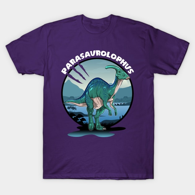 Parasaurolophus Dinosaur Design With Background T-Shirt by Terra Fossil Merch